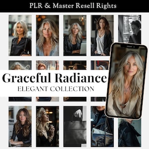 Könnte beinhalten: Eine Sammlung von Fotos, die Frauen mit grauem Haar zeigen, die stilvolle Kleidung und Accessoires tragen. Die Fotos sind in einem Raster angeordnet und der Text "Graceful Radiance ELEGANT COLLECTION" wird oben im Raster angezeigt.