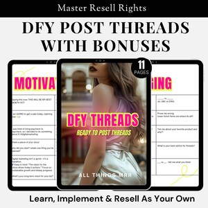 May include: A digital product mockup with a pink and black design. The product is titled "DFY Threads: Ready to Post Threads" and includes 11 pages of content. The text "Learn, Implement & Resell As Your Own" is at the bottom of the image.