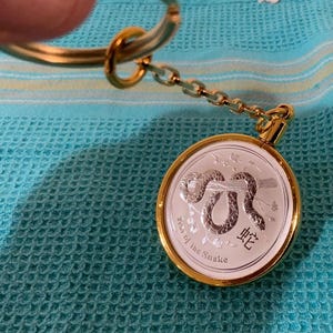 Puede incluir: Un llavero de plata y oro con un dije redondo que presenta una serpiente plateada en una rama con el texto "Año de la Serpiente" y el carácter chino para serpiente.
