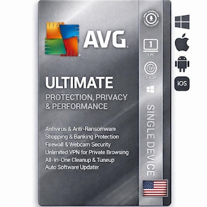 May include: A rectangular AVG Ultimate software box featuring a metallic gray background with the AVG logo, text stating Protection, Privacy & Performance, and a list of features including Antivirus, Anti-Ransomware, VPN, and cleanup tools for one PC.