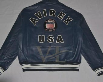 Men's Avirex Navy Blue Cowhide Leather A1 Bomber Jacket
