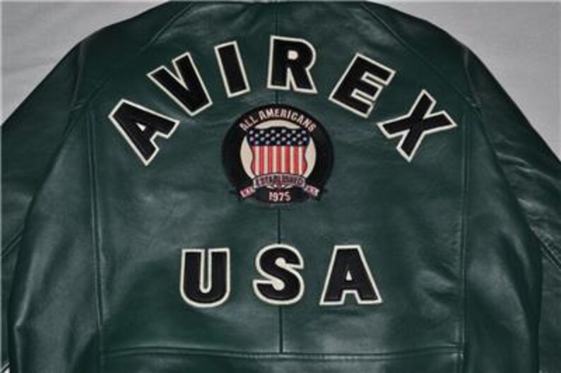 Handmade Men's Green Avirex Genuine Cowhide Leather Bomber Jacket American Flight Varsity Coat image 3