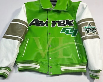 Men's Avirex Green All Star Goalers Military Bomber Jacket Genuine Cowhide Leather Jacket