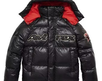 Avirex Men's Vintage Leather Puffer Jacket - Detachable Hood, Winter Coat