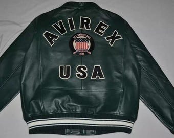 Handmade Men's Green Avirex Genuine Cowhide Leather Bomber Jacket American Flight Varsity Coat