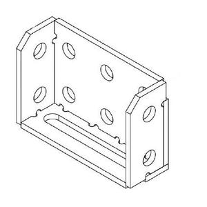 May include: A metal bracket with multiple holes and a slot in the centre. The bracket is designed for attaching to a wall or other surface.