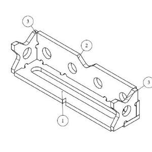 Pode incluir: Um suporte de metal com três furos e forma retangular. O suporte tem uma série de pequenos dentes ao longo da borda. O suporte é etiquetado com os números 1, 2 e 3.