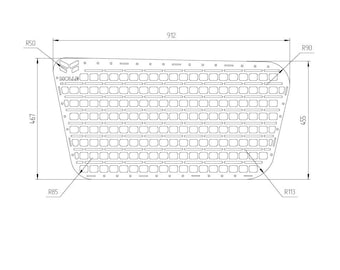 May include: A black and white diagram of a rectangular panel with numerous rectangular cutouts. The panel is 912 mm wide and 467 mm high. The panel has rounded corners and the text "MOLLE" is visible.