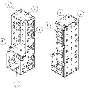May include: Two black and white technical drawings of metal brackets. The brackets have multiple holes and slots. One bracket is L-shaped, and the other is rectangular. The drawings are labeled with numbers.