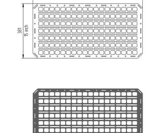May include: A black metal grid panel with 762 holes, measuring 30 inches by 15 inches. The panel is designed for use with modular accessories.