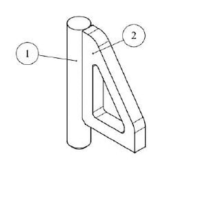 May include: A metal triangle with a hole in the centre, attached to a round metal rod. The triangle is labelled "2" and the rod is labelled "1".