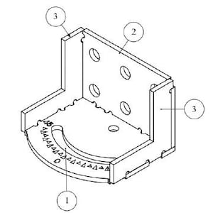 May include: A metal bracket with a gear-like adjustment mechanism. The bracket has five holes for mounting and is labeled with numbers 1, 2, and 3.