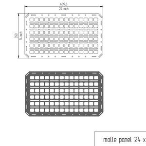 Peut inclure: Un panneau molle en métal noir mesurant 61 cm sur 35,5 cm. Le panneau est composé d'une grille de petits carrés avec des trous pour fixer des accessoires compatibles molle.