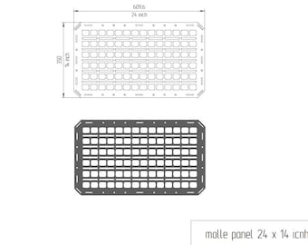 May include: A black metal molle panel measuring 61 cm by 35.5 cm. The panel is made up of a grid of small squares with holes for attaching molle compatible accessories.