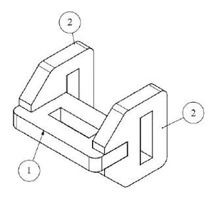 Pode incluir: Um conector de plástico branco com duas aberturas. O conector tem dois números etiquetados como "1" e "2" na imagem.
