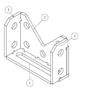 Puede incluir: Un soporte de metal negro con varios agujeros y una ranura rectangular. El soporte está inclinado y tiene tres etiquetas numeradas.