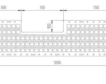 May include: A detailed technical drawing of a rectangular panel with a grid of small rectangular cutouts. Dimensions are provided in millimeters: 1200 mm long, 300 mm wide, and a recessed section 350 mm wide and 100 mm deep. The panel has rounded corners and small circular holes.