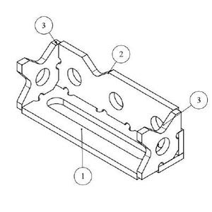 Puede incluir: Un dibujo en blanco y negro de un soporte metálico con tres agujeros. El soporte está etiquetado con los números 1, 2 y 3.