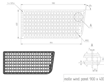 Può includere: Disegno tecnico di un pannello Molle, 900 mm x 400 mm, con dimensioni dettagliate. Il pannello presenta una griglia di fori rettangolari. Misure in millimetri, con un raggio di 3 x 25,4 mm e una lunghezza di 90 cm.