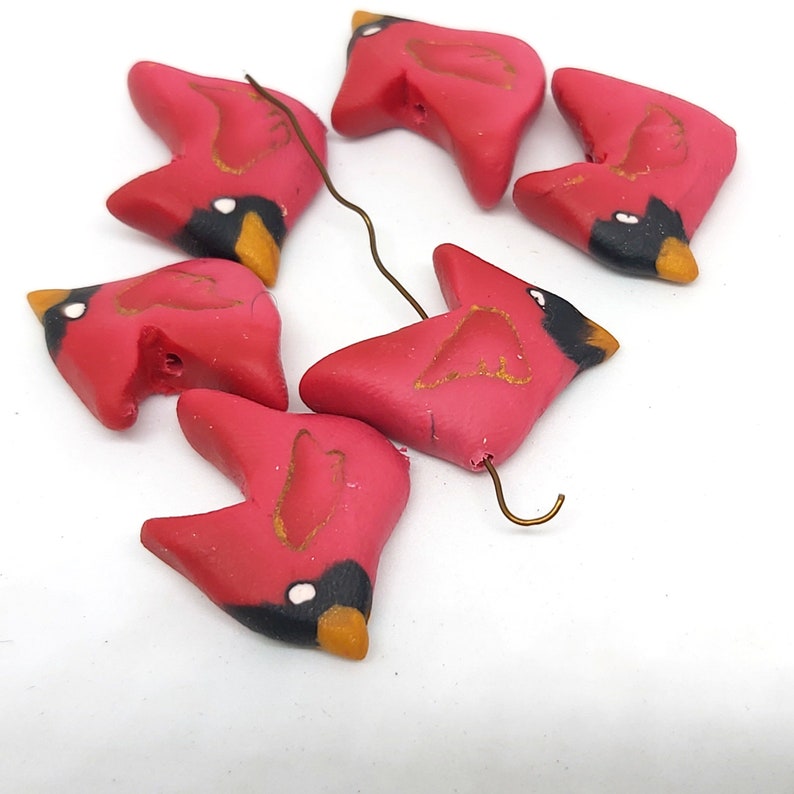 Cardinal Beads, Red Bird Beads, Polymer Clay Birds, 6 Pieces image 3