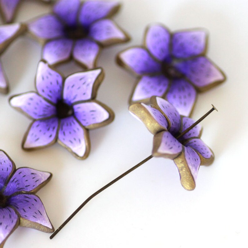 Purple Lily Beads Polymer Clay Beads Lavender Flower Beads Etsy