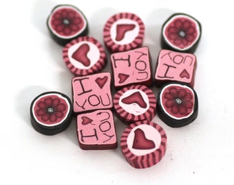 Valentines Day Beads, Polymer Clay Beads,  Pink Hearts, Love Notes, Flower Beads, 12 Pieces