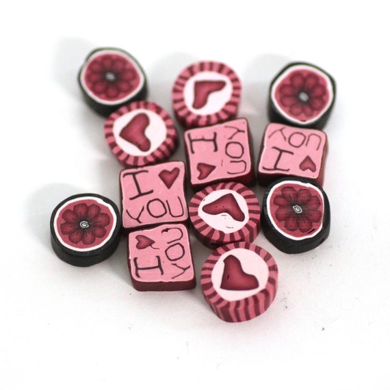 Valentines Day Beads, Polymer Clay Beads, Pink Hearts, Love Notes