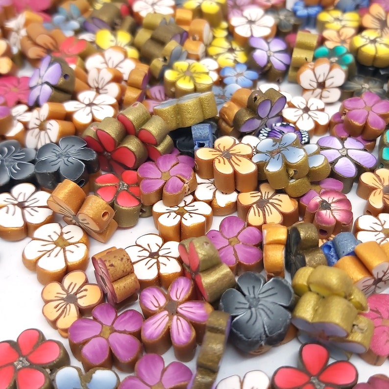 Small Flower Beads, Polymer Clay Beads, Rainbow Mix, Grab Bag of 50 Pieces, Cane Slice Beads image 6
