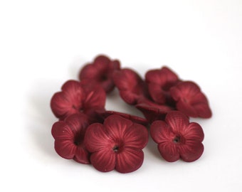 Polymer Clay Flower Beads, Dark Crimson Red Autumn Flower Beads, 10 Pieces