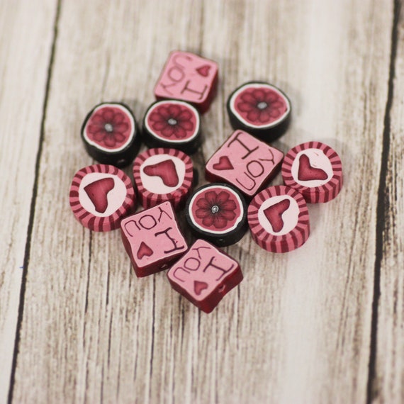 Valentines Day Beads, Polymer Clay Beads, Pink Hearts, Love Notes