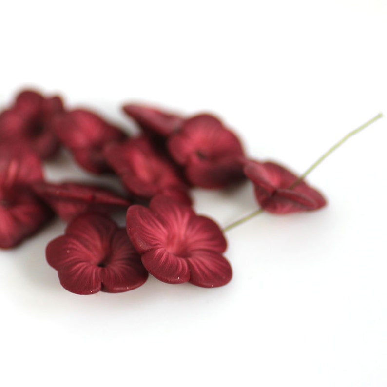 Polymer Clay Flower Beads, Dark Crimson Red Autumn Flower Beads, 10 Pieces image 3