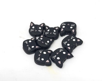 Black Cat Face Beads, Polymer Clay Beads, 8 pieces