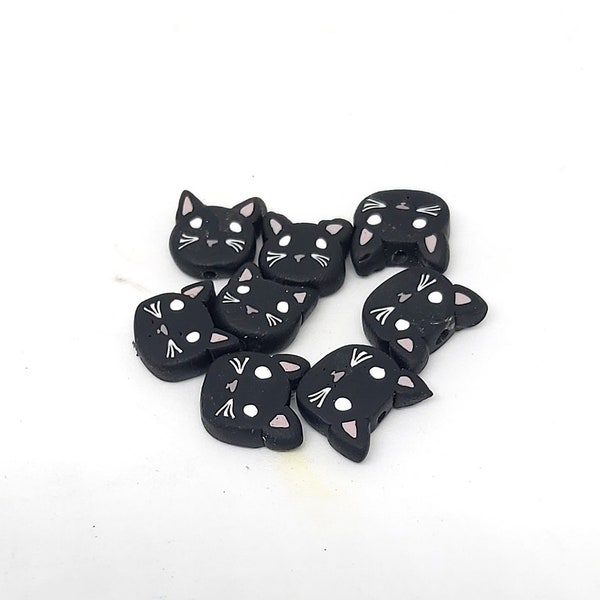 Black Cat Face Beads, Polymer Clay Beads, 8 pieces