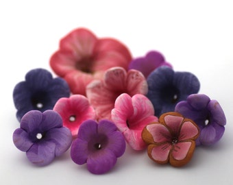 Spring Flowers, Polymer Clay Flowers, Clay Bead Mix, Purple and Pink, 10 pieces