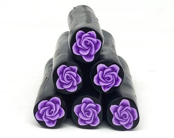 Purple Rose On Black, Raw or Unbaked Polymer Clay Flower Cane