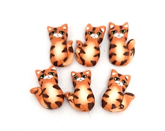 Tabby Cat Beads, Orange Stripe Cat Bead, Polymer Clay Beads, Striped Kitten Beads, 6 pieces