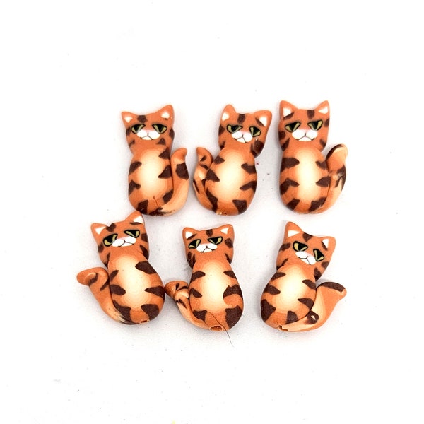 Tabby Cat Beads, Orange Stripe Cat Bead, Polymer Clay Beads, Striped Kitten Beads, 6 pieces