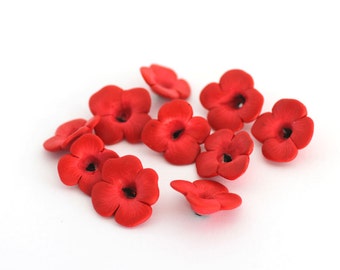 Poppy Beads, Polymer Clay Beads, Red Flower Beads 10 Pieces