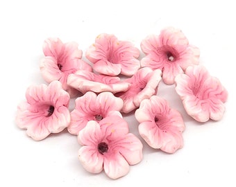 Cherry Blossom Beads, Light Pink Polymer Clay Flowers, 10 Pieces