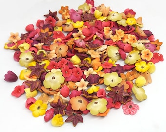 Summer Flower Mix, Polymer Clay Beads, Red, Orange Yellow Beads, 10 Pieces