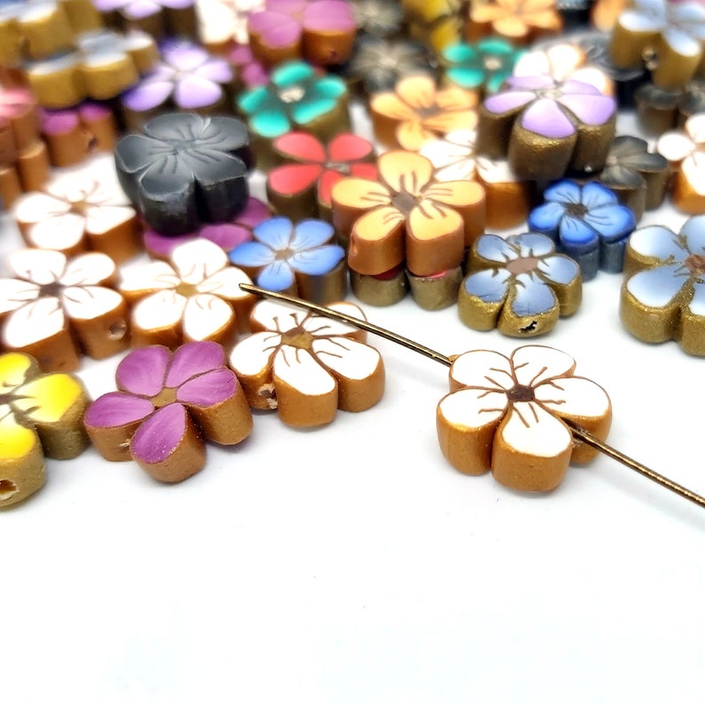 Small Flower Beads, Polymer Clay Beads, Rainbow Mix, Grab Bag of 50 Pieces, Cane Slice Beads image 3