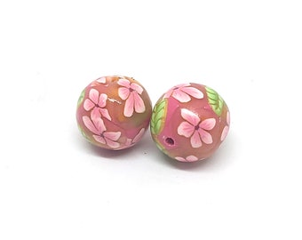 Polymer Clay Beads, Round Cherry Blossoms on Pink Set, Bead Pair