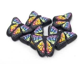 Rainbow Butterfly Beads, Polymer Clay Beads, 6 Pieces