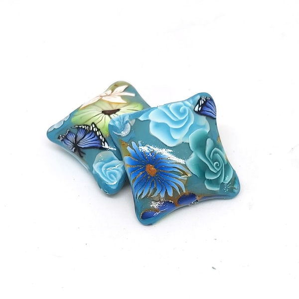 Turquoise Floral Polymer Clay Beads,  Pillow Bead Pair, 2 Pieces