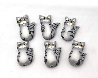 Light Grey Tabby Cat Polymer Clay Beads, 6 pieces