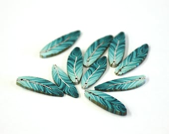 Teal Feathers, Turquoise Feather Beads, Blue Green Polymer Clay Beads 10 pieces