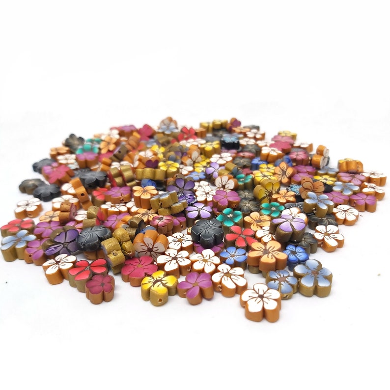 Small Flower Beads, Polymer Clay Beads, Rainbow Mix, Grab Bag of 50 Pieces, Cane Slice Beads image 1