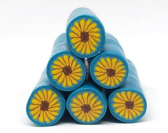 Sunflower Cane on Blue, Raw or Unbaked Polymer Clay Flower Millefiori