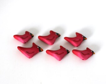 Cardinal Beads, Red Bird Beads, Polymer Clay Birds, 6 Pieces