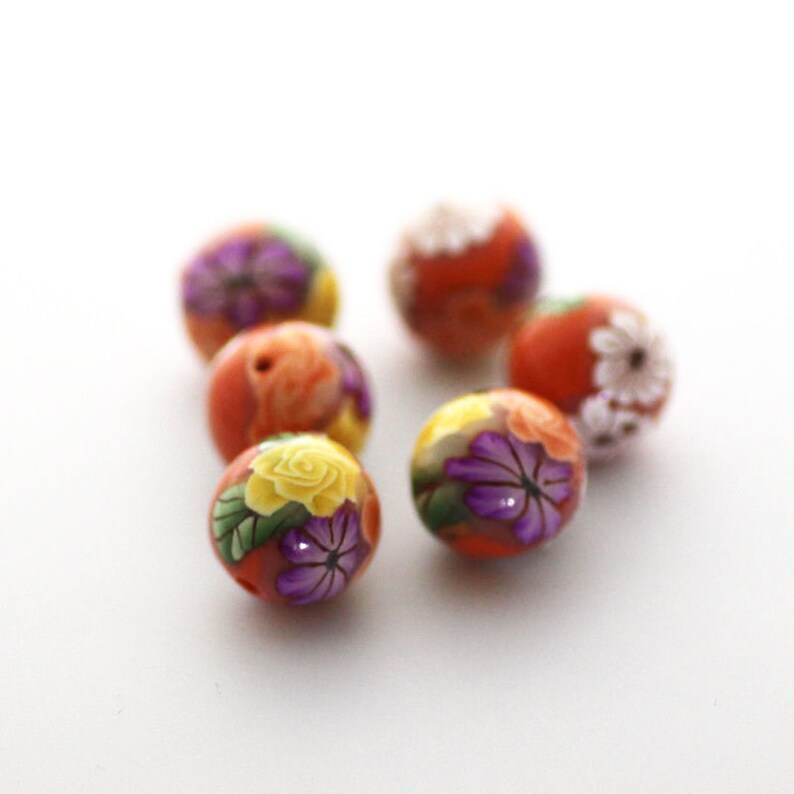 Polymer Clay Beads Orange Beads Tropical Flowers Round